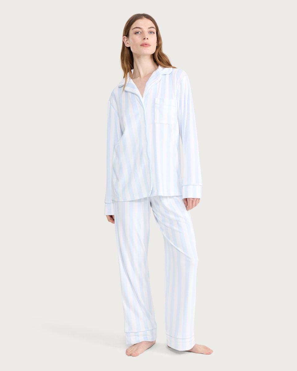 image 1 of F&F Fleece Striped Shirt and Bottoms Pyjama Set in Blue