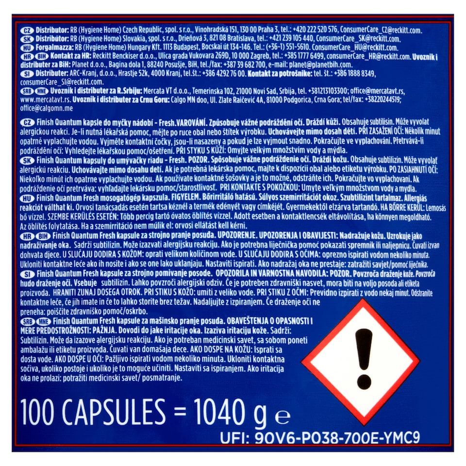 image 1 of Finish Powerball Quantum All in 1 Fresh Dishwasher Capsules 100 pcs 1040g