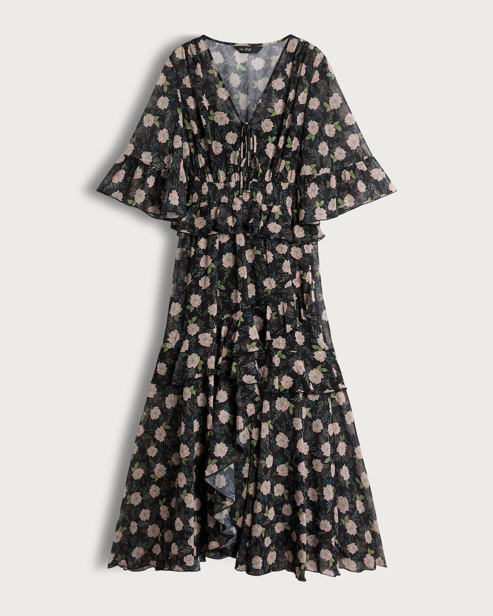 image 1 of F&F Floral Print Ruffle Midi Dress in Multi Black