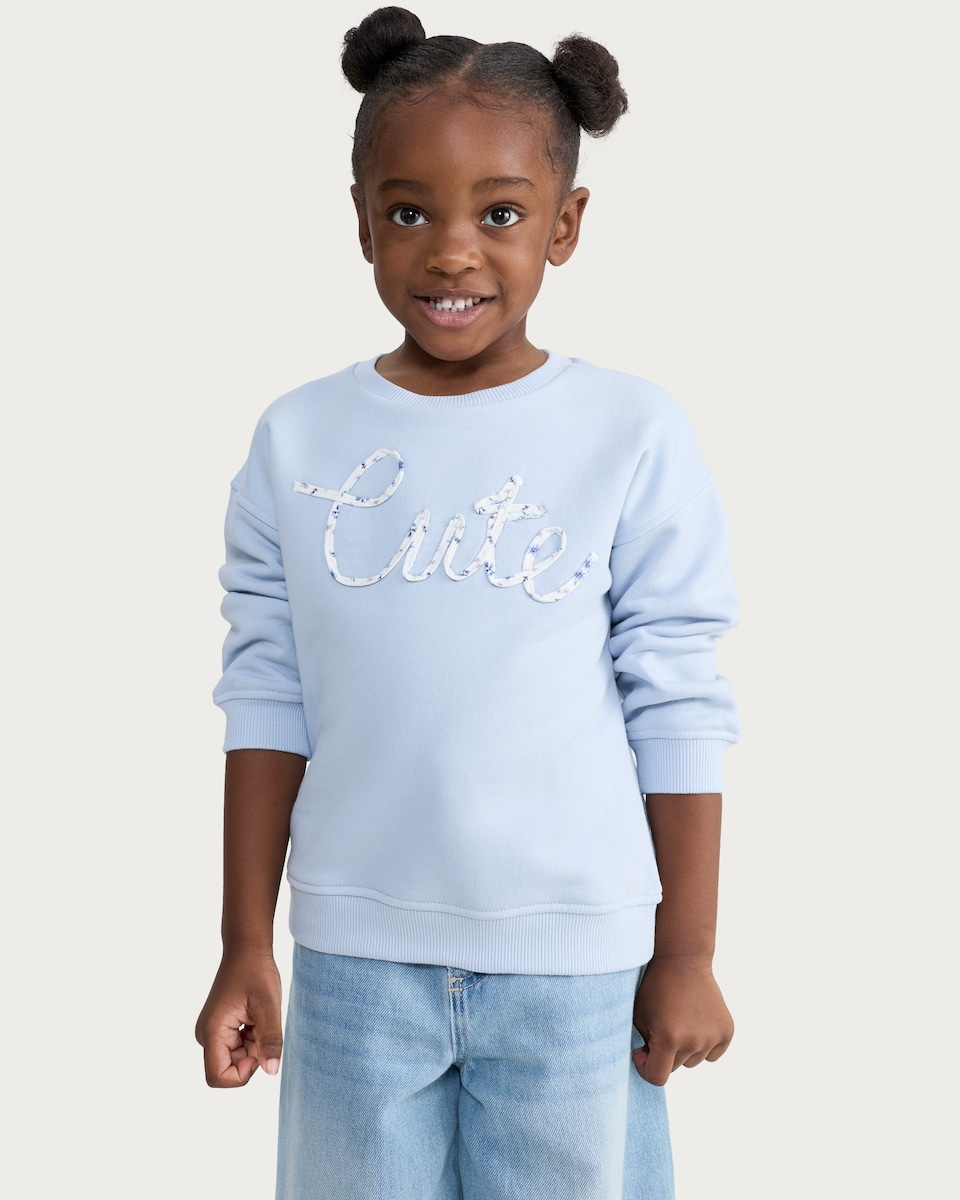 image 1 of F&F Girls Cotton Rich Cute Slogan Sweatshirt in Blue
