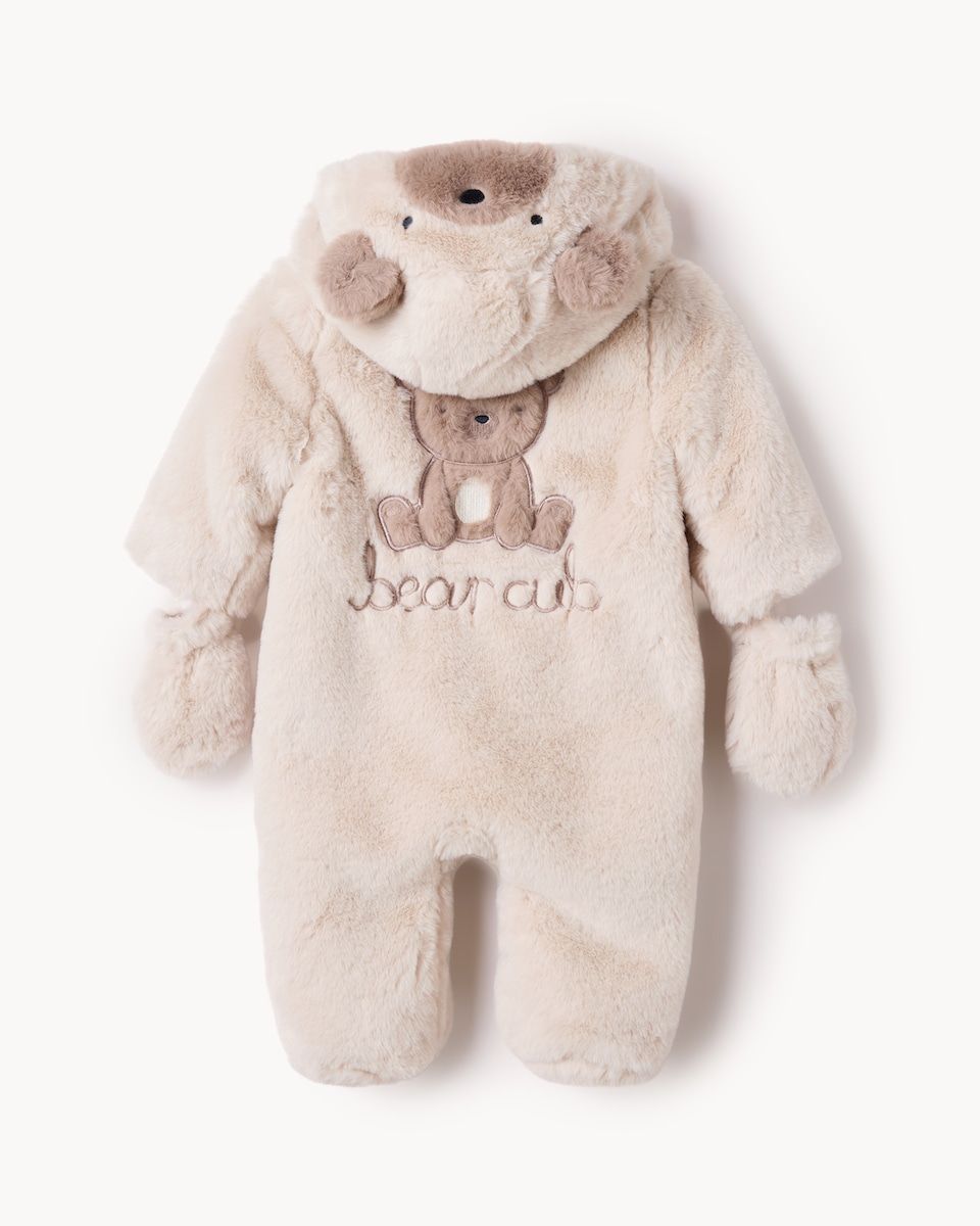 image 1 of F&F Baby Faux Fur Bear Cub Pramsuit in Med Nude