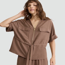 F&F Zip Front Tie Waist Shirt in Brown
