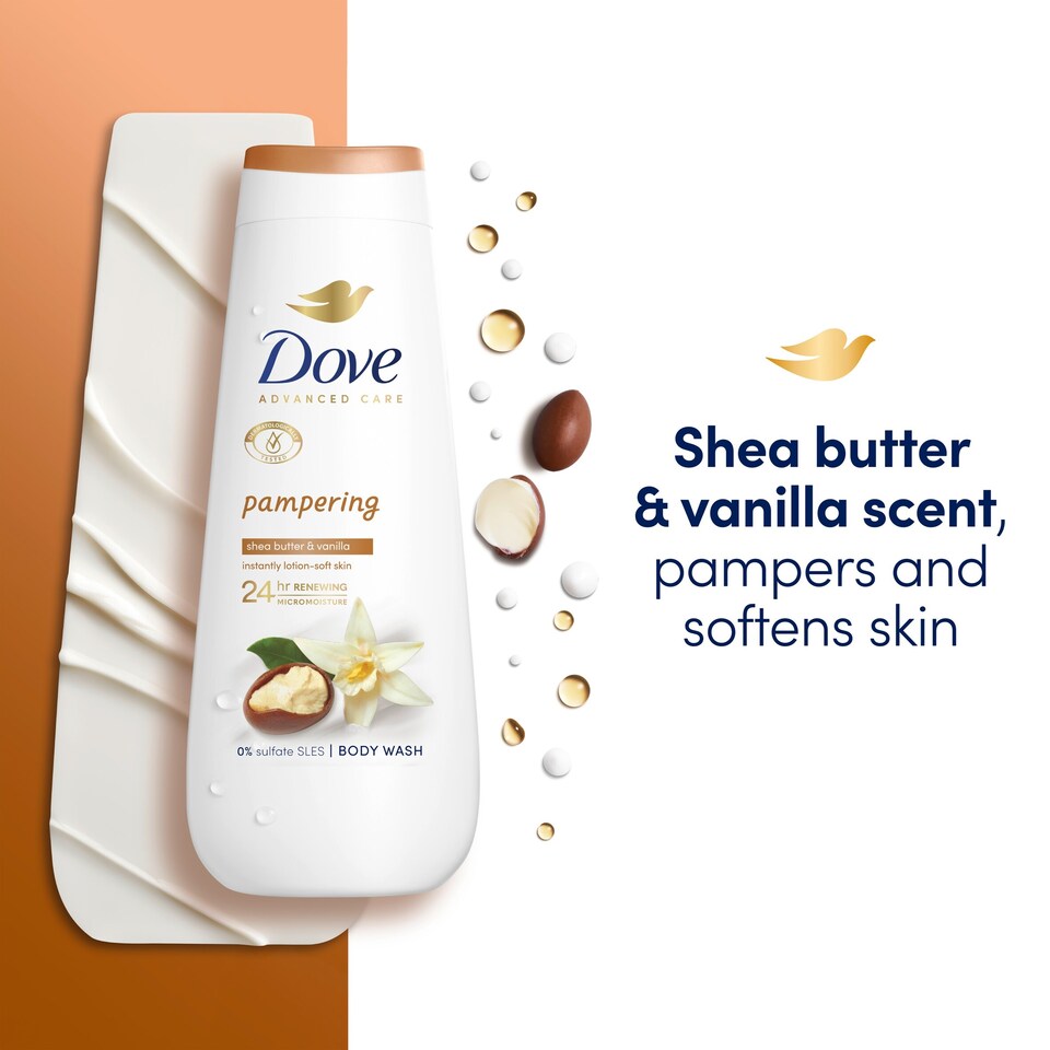 image 1 of Dove Pampering 24hr Moisturisation Advanced Care Body Wash Shower Gel Shea Butter & Vanilla 225ml