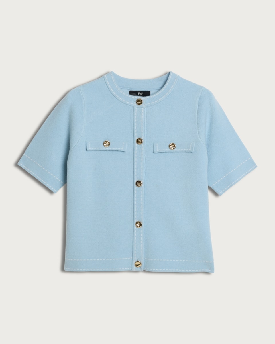 image 1 of F&F Knitted Short Sleeved Contrast Stitch Cardigan in Blue