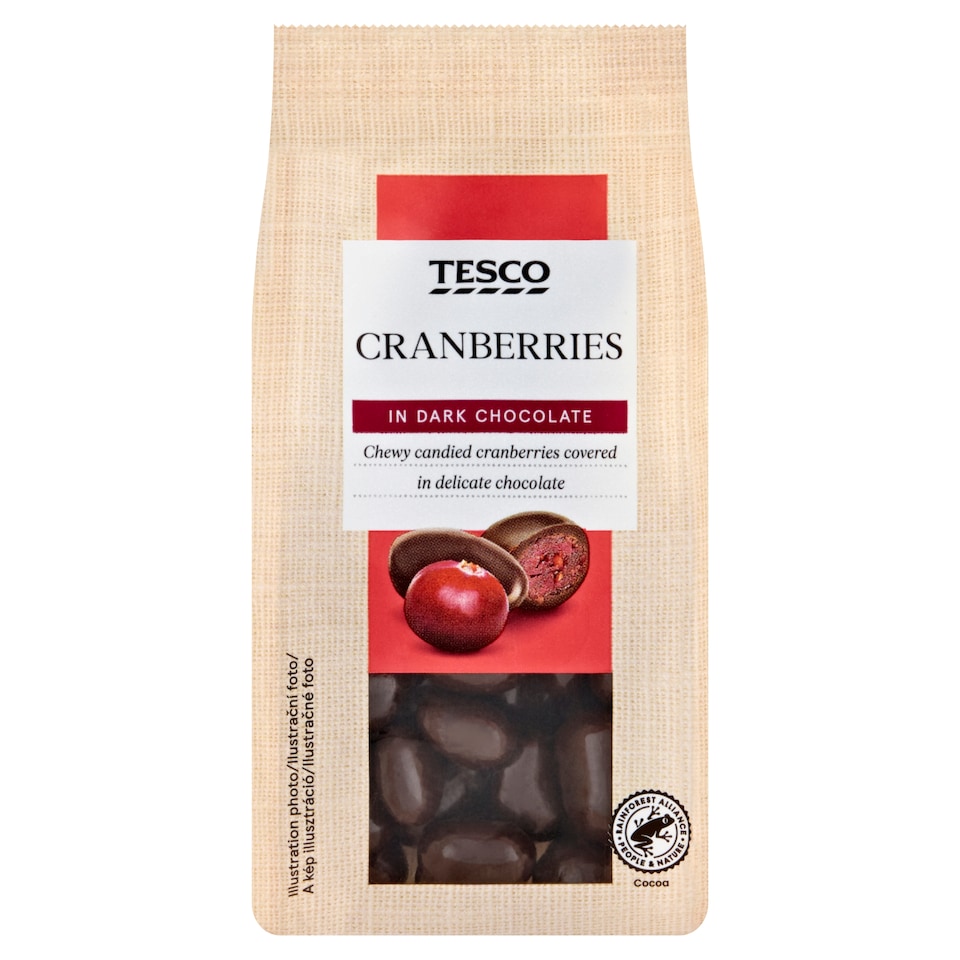 Tesco kandírozott vörösáfonya étcsokoládé bevonatban 120 g