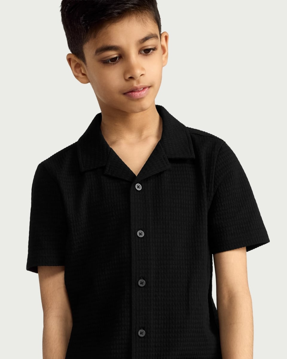 image 1 of F&F Boys Cotton Rich Textured Short Sleeved Shirt in Black
