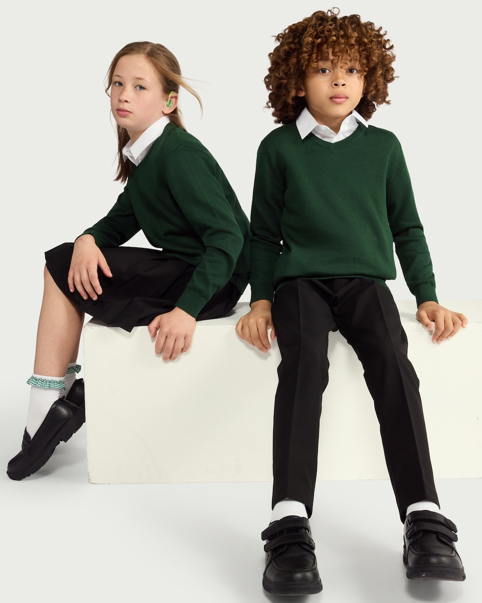 image 1 of F&F School Unisex 2-Pack Pure Cotton V-Neck Jumpers in Green