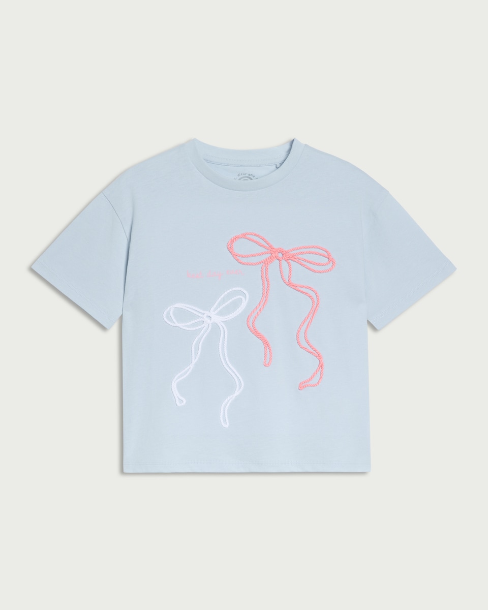 image 1 of F&F Girls Pure Cotton Bow Embroidered T-Shirt in Blue