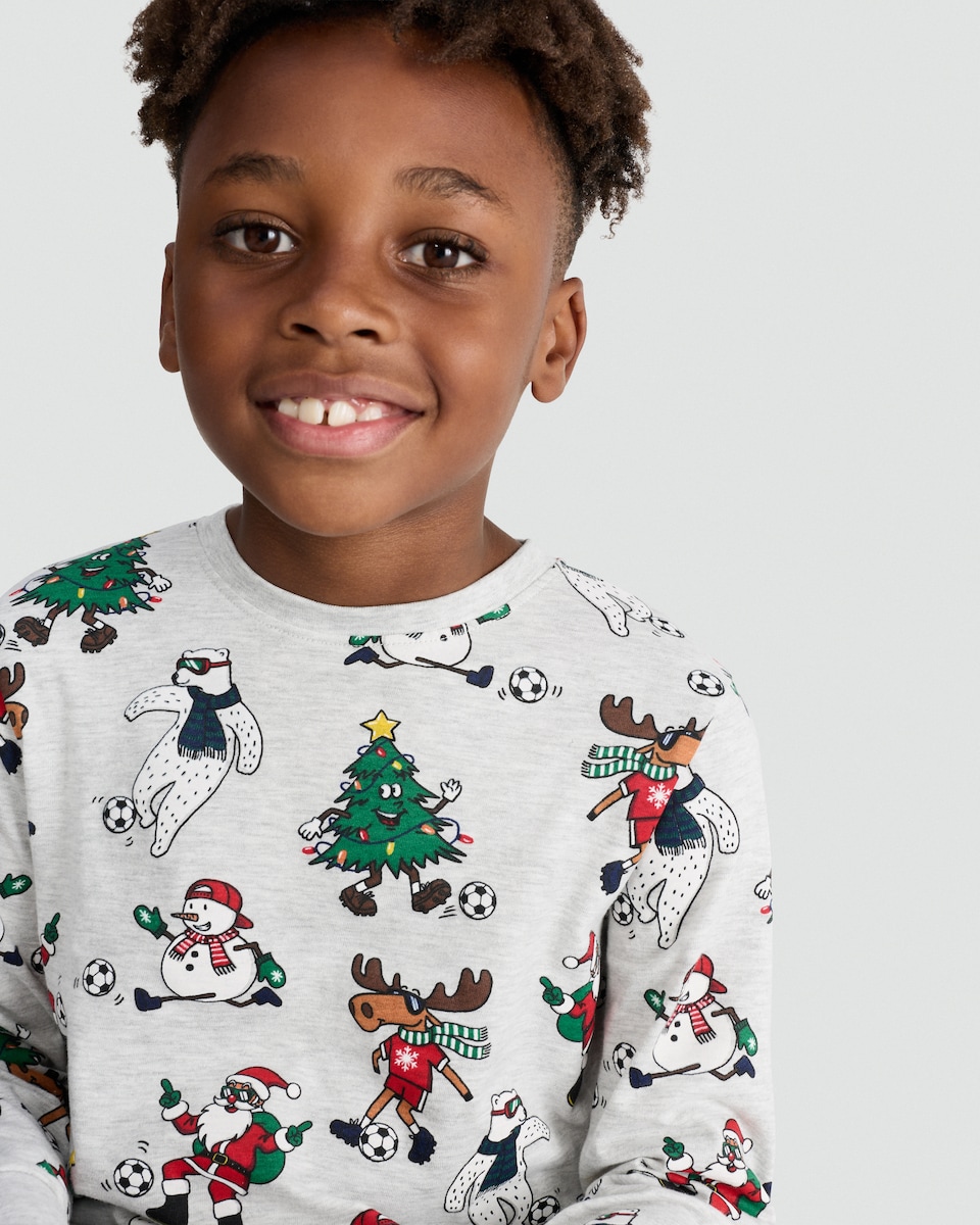 image 1 of F&F Boys Cotton Rich Festive Print Top and Cuffed Joggers Pyjamas in Grey Multi
