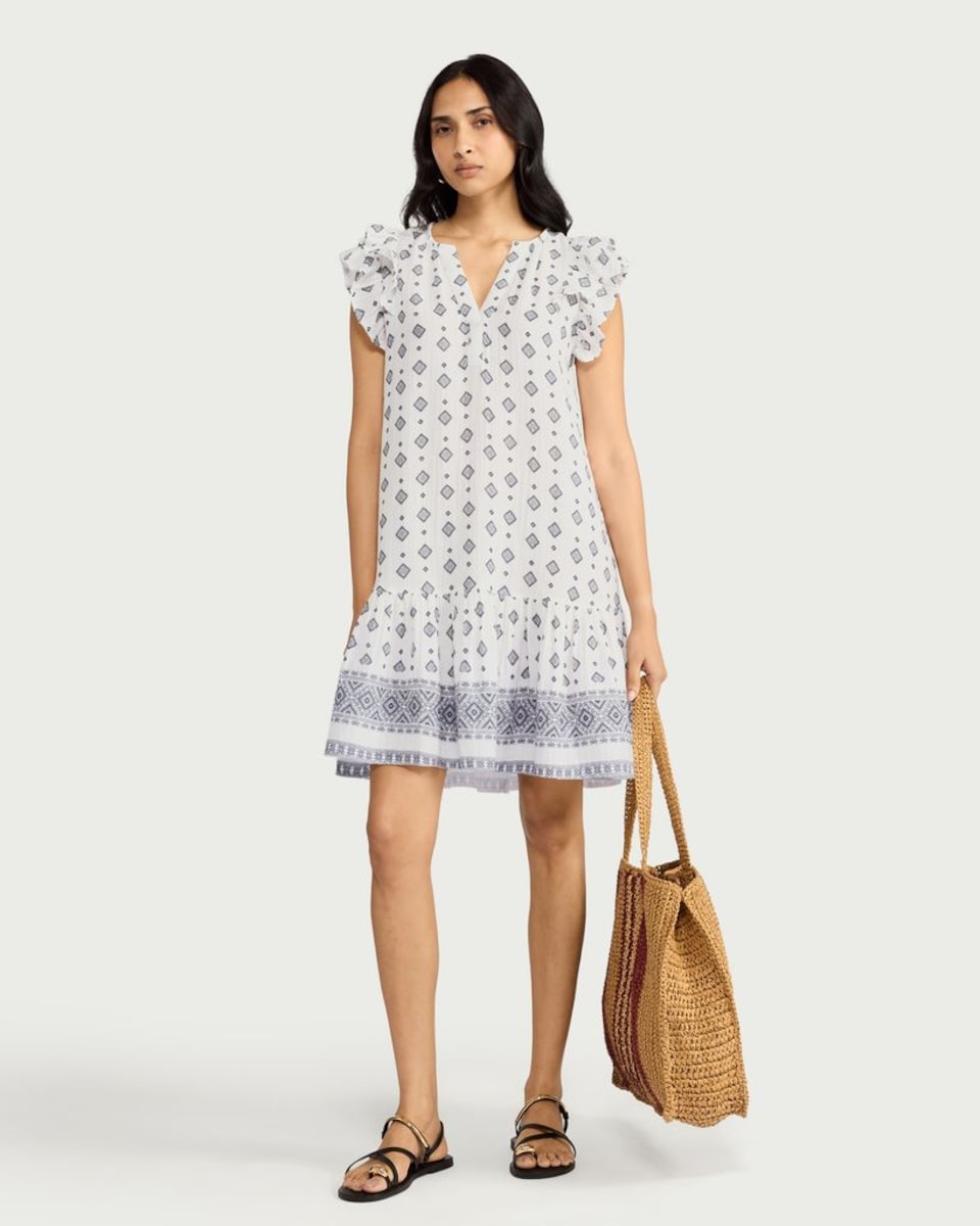 image 1 of F&F Pure Cotton Double Cloth Ruffle Sleeved Tiered Dress in Multi White