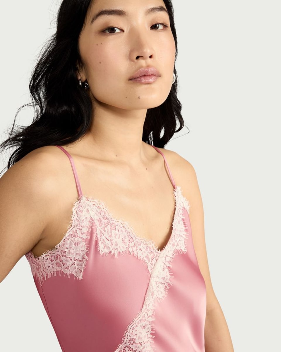 image 1 of F&F Asymmetric Hem Lace Trim Cami Top in Pink