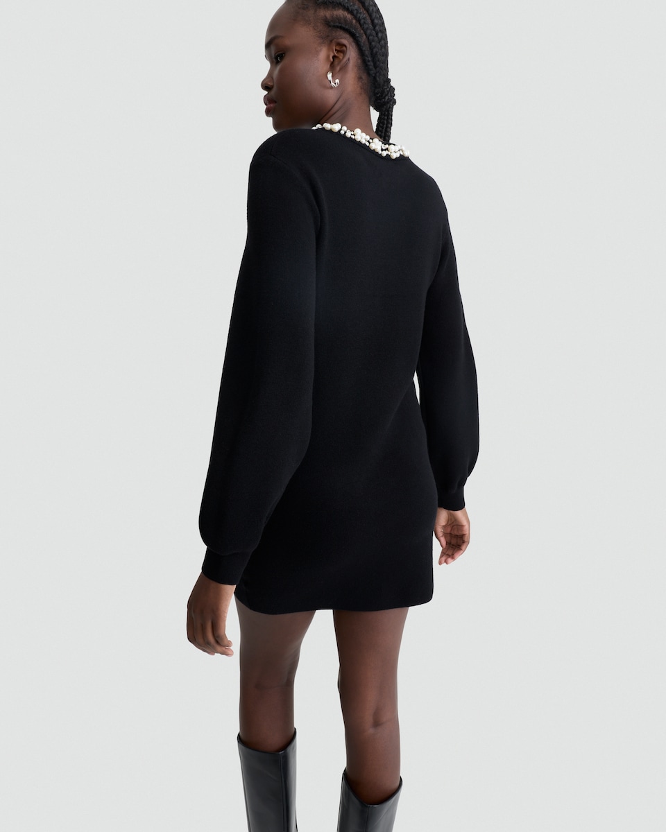 image 1 of F&F Pearl Embellished Trim Long Sleeved Mini Dress in Black