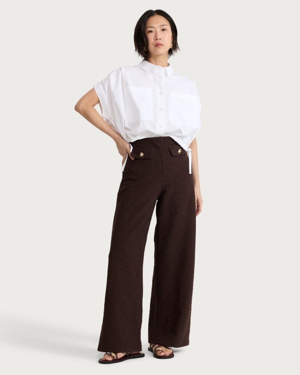 image 1 of F&F Cotton Rich Boucle Textured Wide Leg Trousers in Chocolate