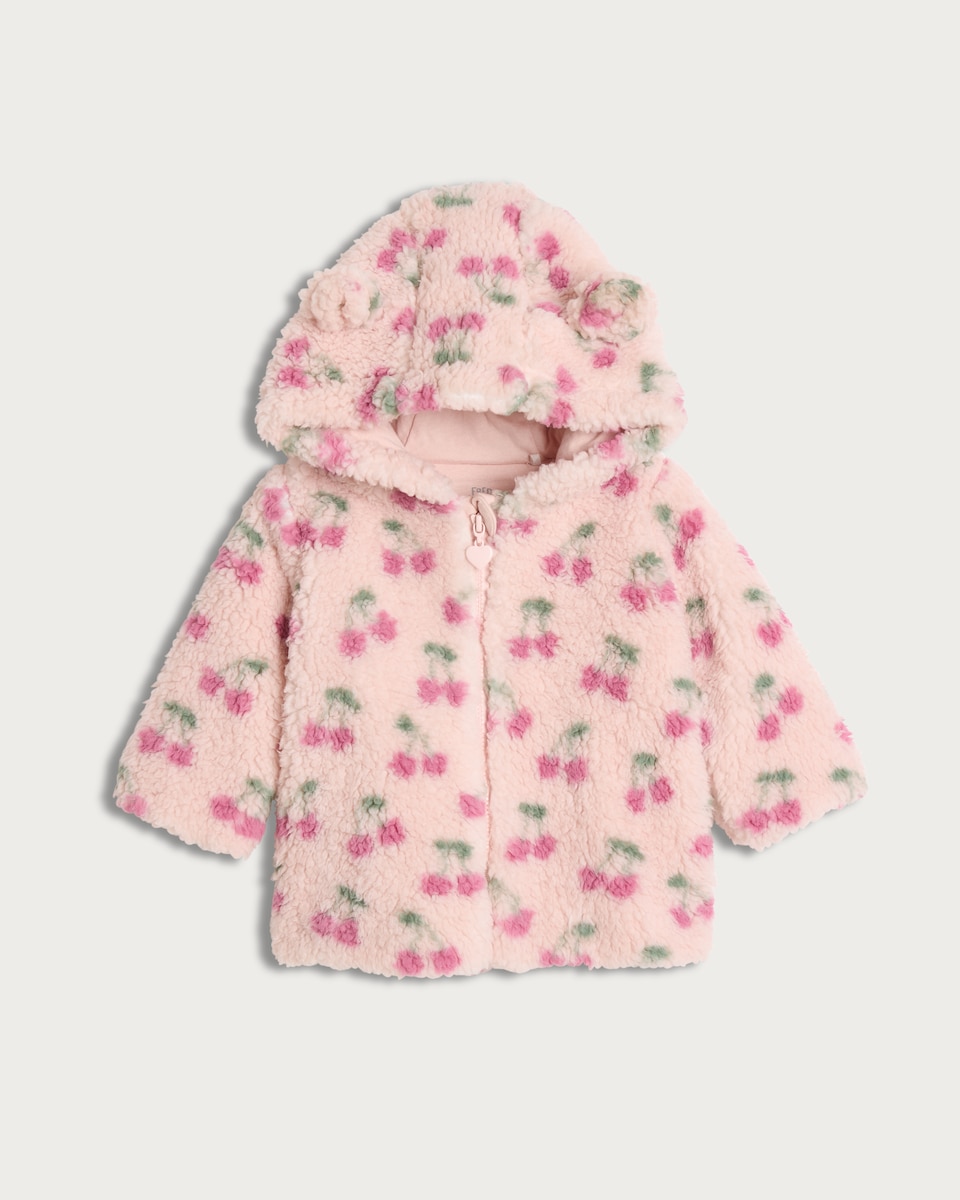 image 1 of F&F Baby Borg Textured Cherry Print Hooded Jacket in Pink