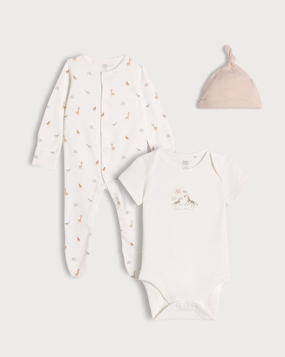 image 1 of F&F Baby 3-Piece Animal Sleepsuit, Bodysuit and Hat Set in Stone