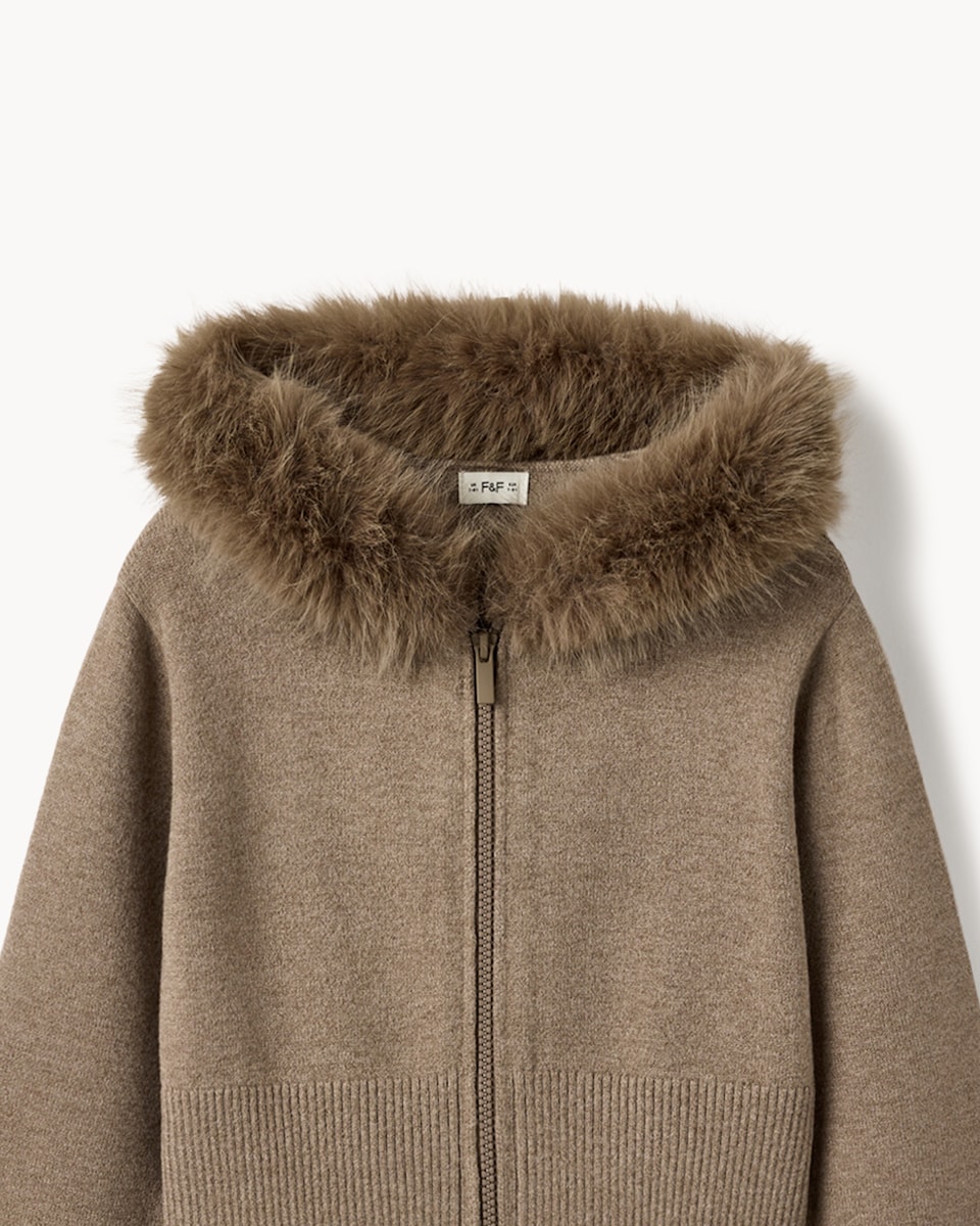 image 1 of F&F Girls Faux Fur Trim Zip-Up Cardigan and Trousers Set in Tan