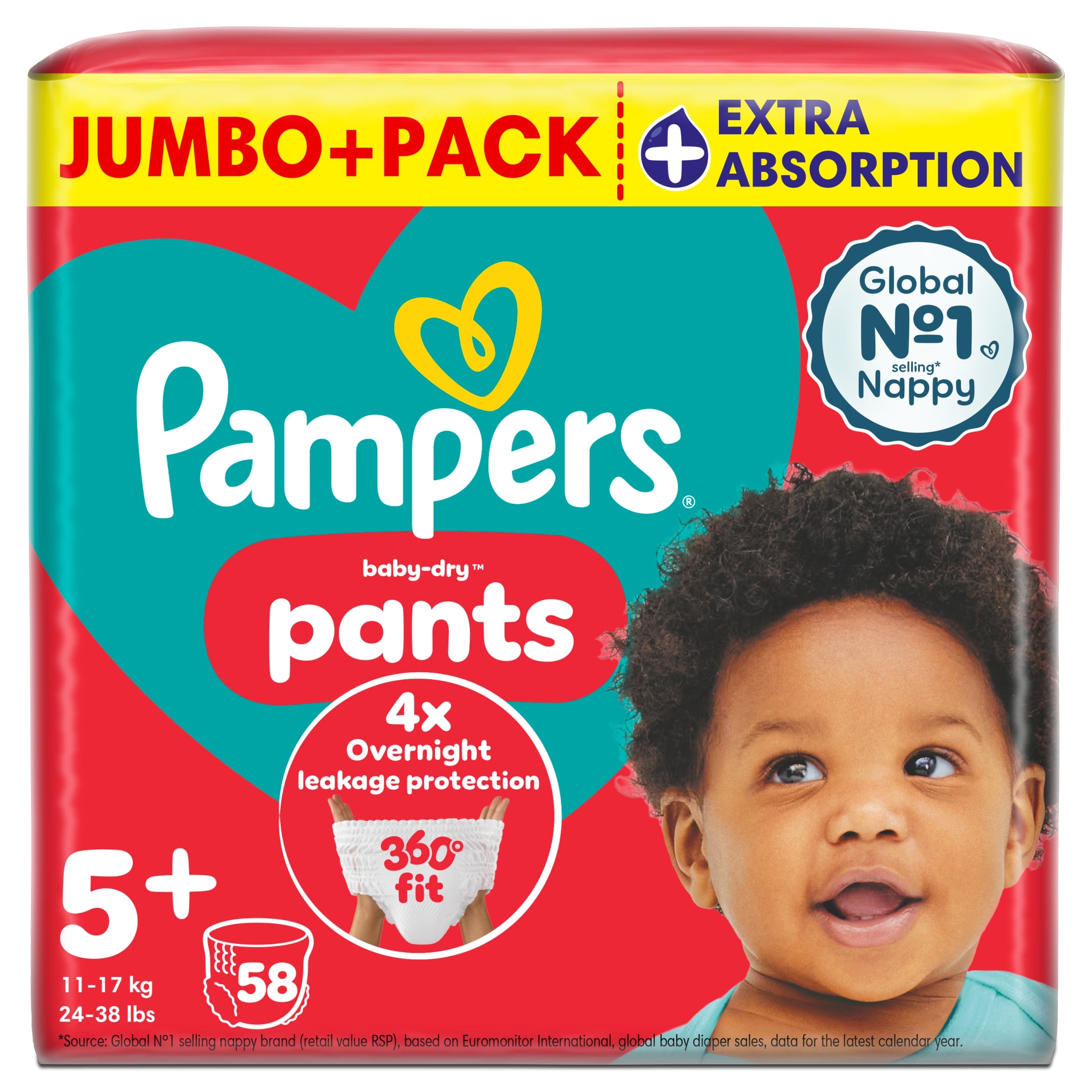 Pampers Baby-Dry Nappy Pants Size 5+ Jumbo+ Pack 58 Pack