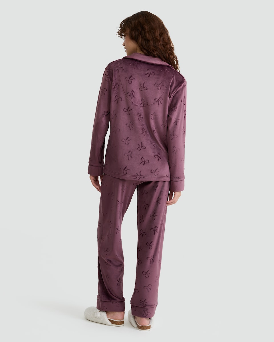 image 1 of F&F Fleece Textured Bow Print Shirt and Trousers Revere Pyjama Set in Purple