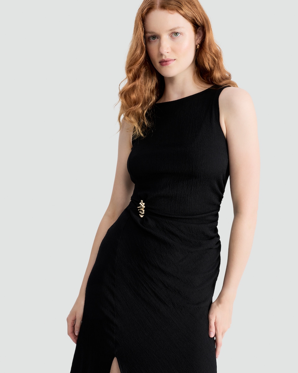 image 1 of F&F Crinkle Textured Gold Buckle Sleeveless Dress in Black