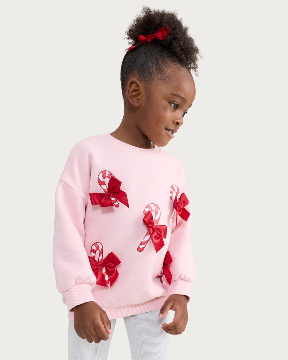 image 1 of F&F Girls Cotton Rich Candy Cane Bow Sweatshirt in Pink