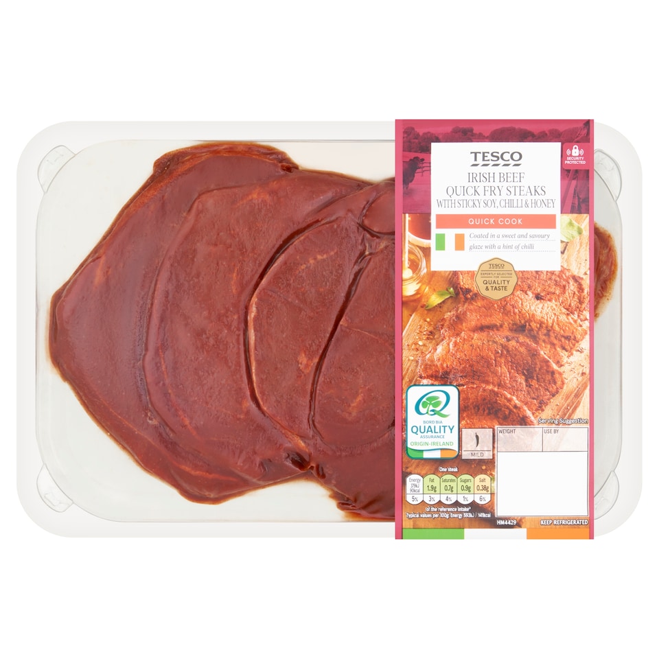 Tesco Irish beef quick fry steaks with sticky soy, chilli and honey 360g