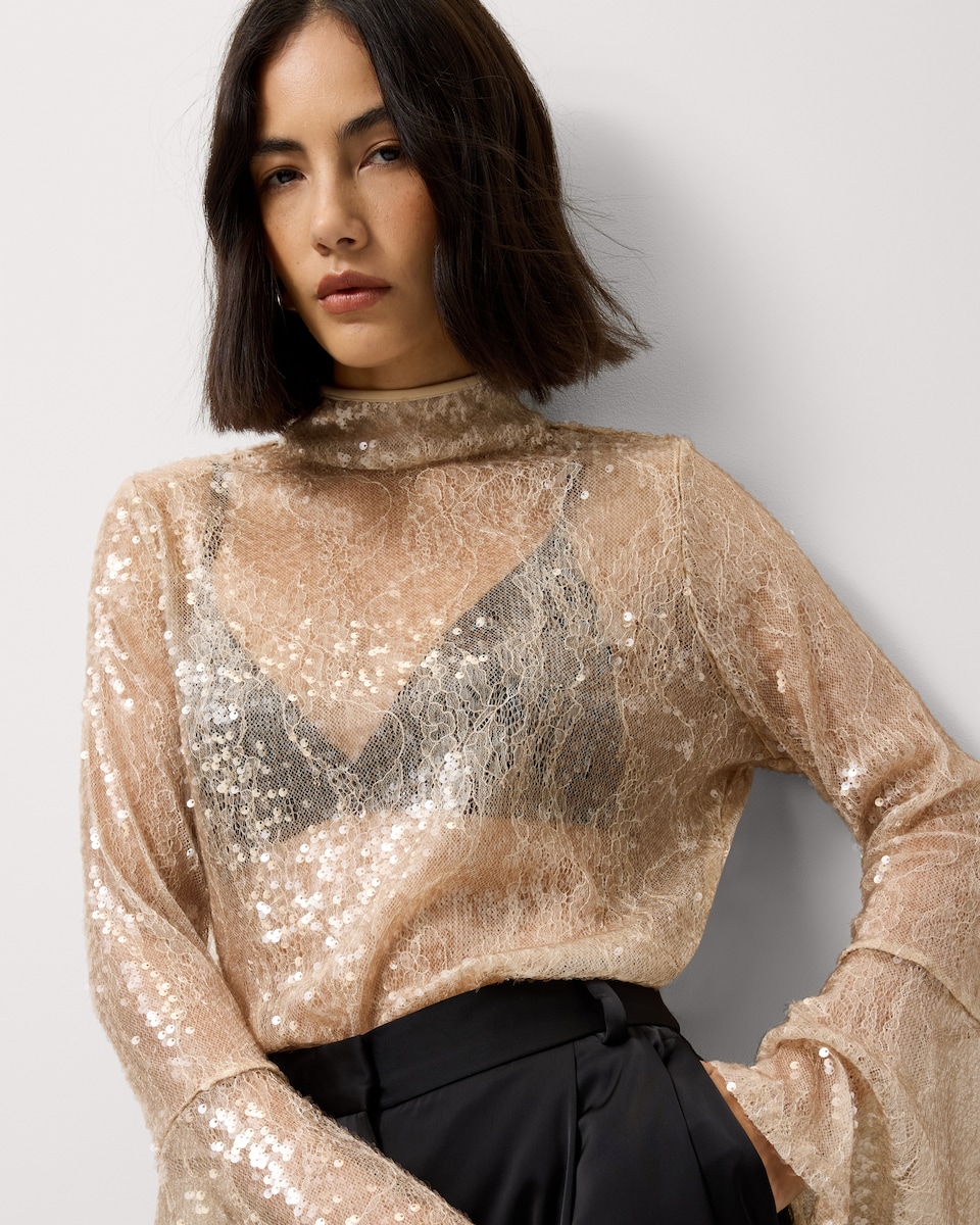 image 1 of F&F Sequin Lace High Neck Blouse in Neutral