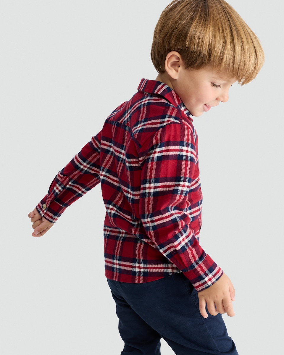image 1 of F&F Boys Pure Cotton Check Print Long Sleeved Shirt in Red