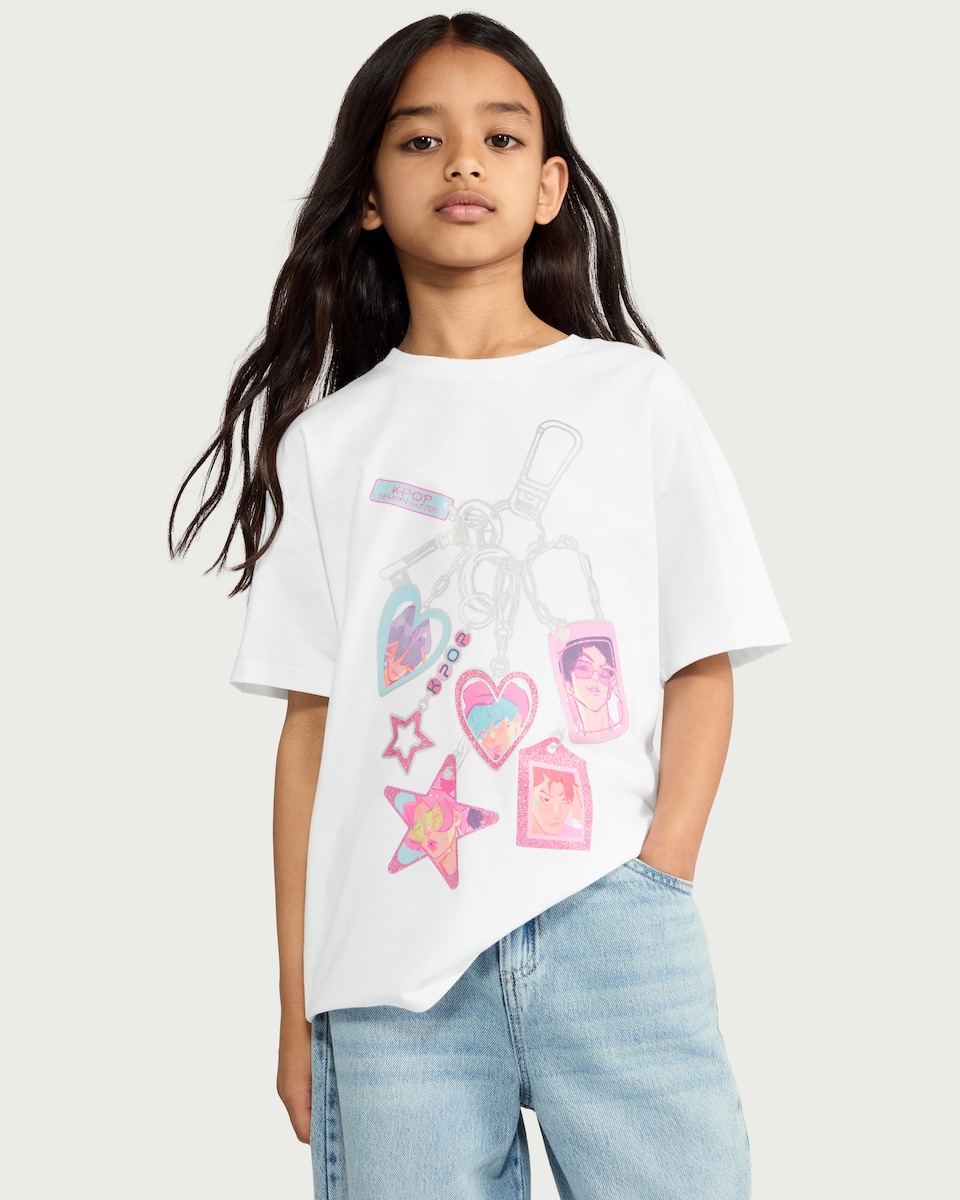 image 1 of K-Pop Demon Hunters Pure Cotton Keyring Charm Print T-Shirt in White