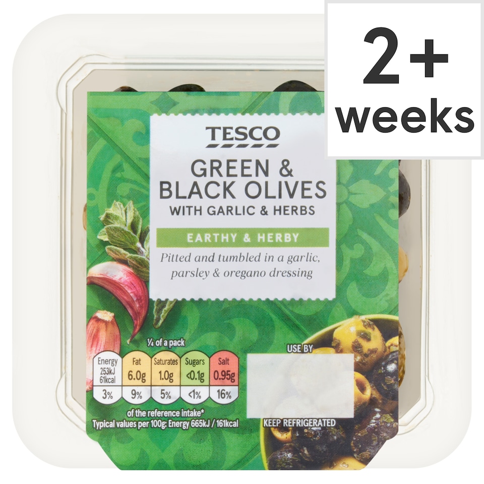 Tesco Green & Black Olives With Garlic & Herbs 150g