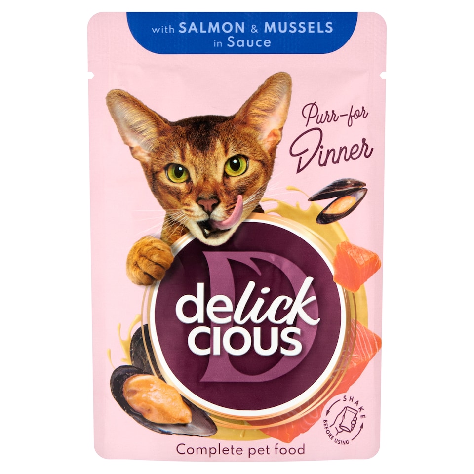 Delickcious lazacszeletek kagylóval ízletes szószban eledel felnőtt macskáknak 85 g