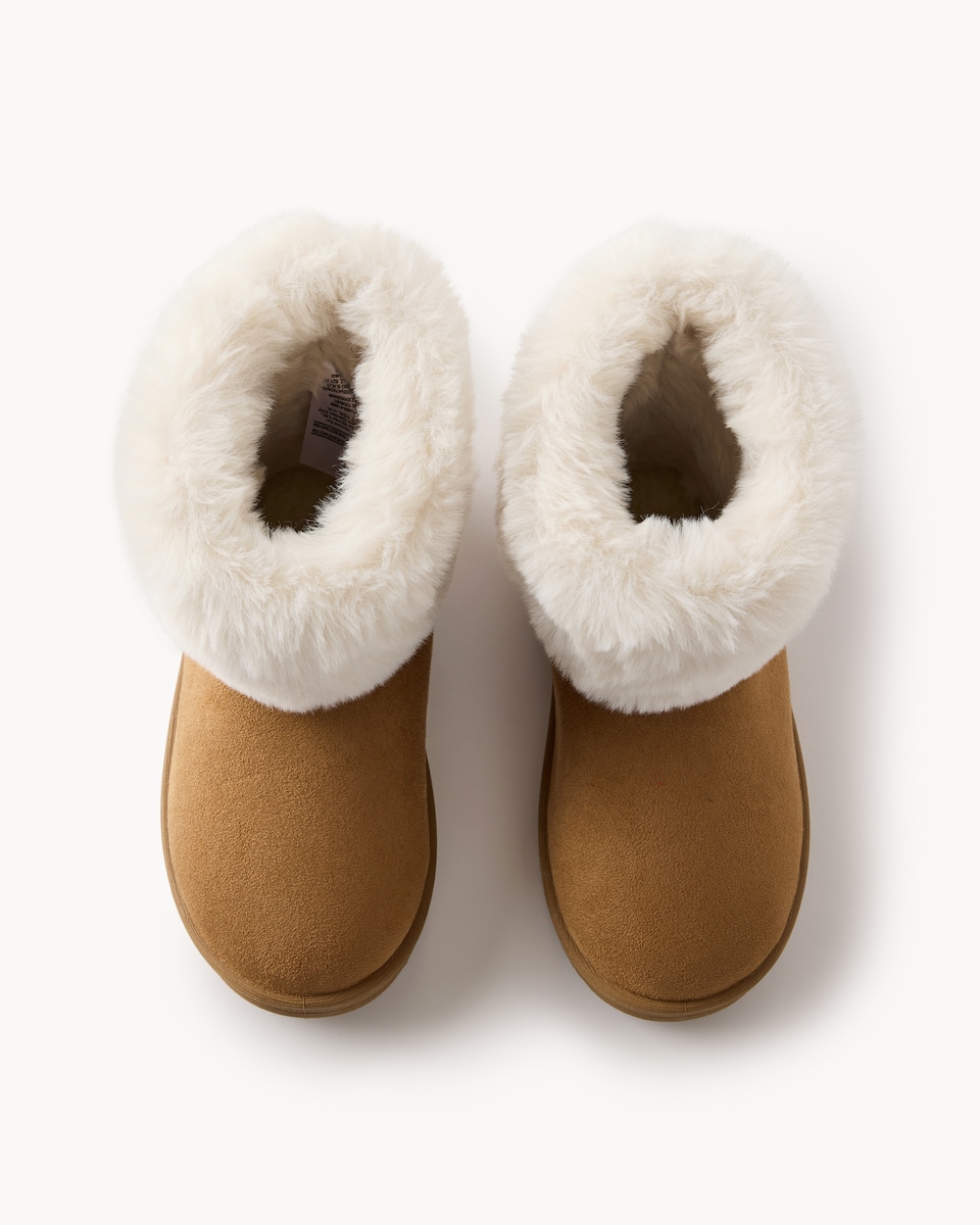 image 1 of F&F Girls Faux Fur Lined Cuffed Slipper Boots in Tan