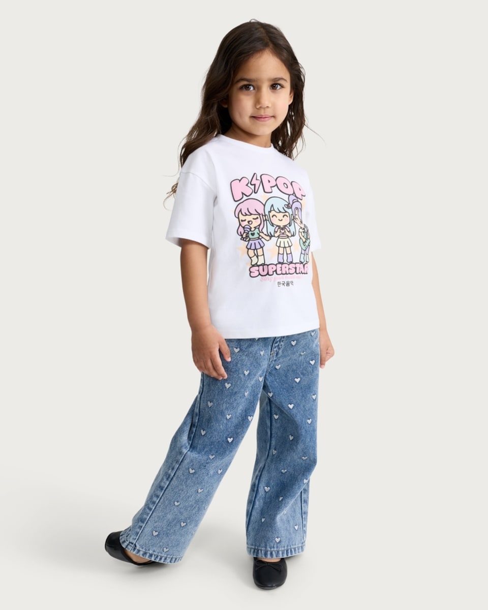 image 1 of F&F Girls Pure Cotton K-Pop Superstar T-Shirt in Cream