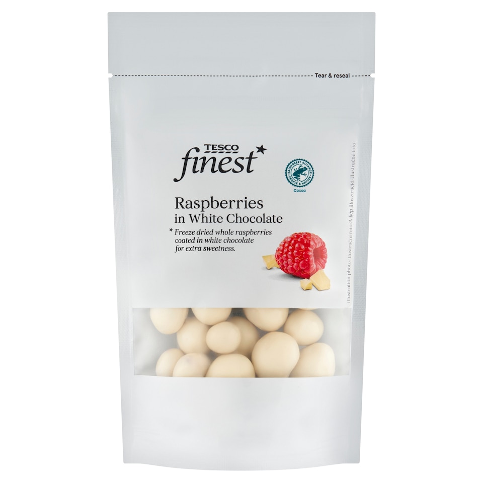 Tesco Finest fagyasztva szárított málna fehércsokoládé bevonatban 100 g