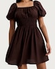 image 2 of F&F Smocked Puff Sleeved Mini Dress in Choclate