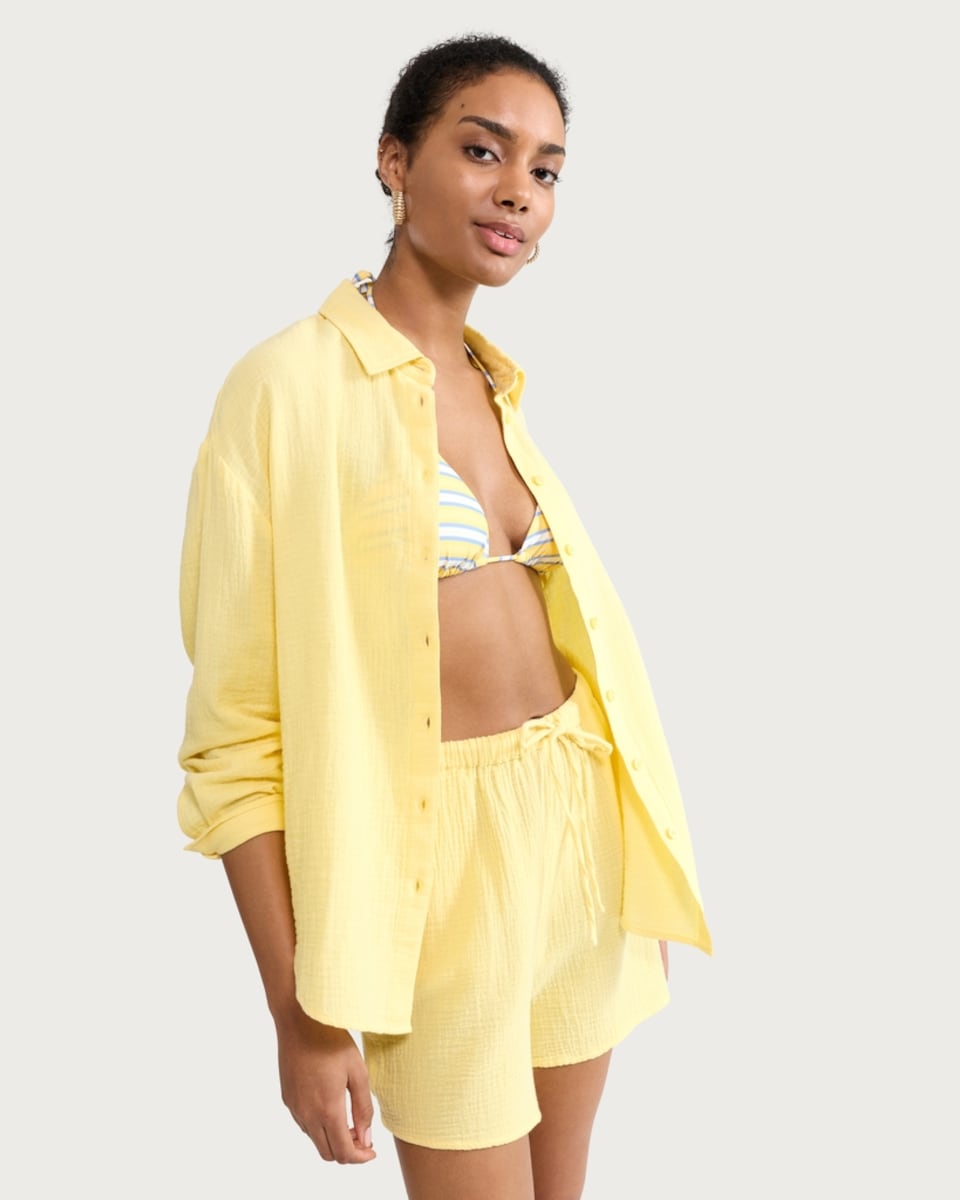 image 1 of F&F Pure Cotton Double Cloth Long Sleeved Shirt in Yellow