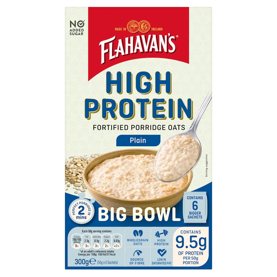 Flahavans High Protein Fortified Porridge Oat Sachets Plain 6x50g