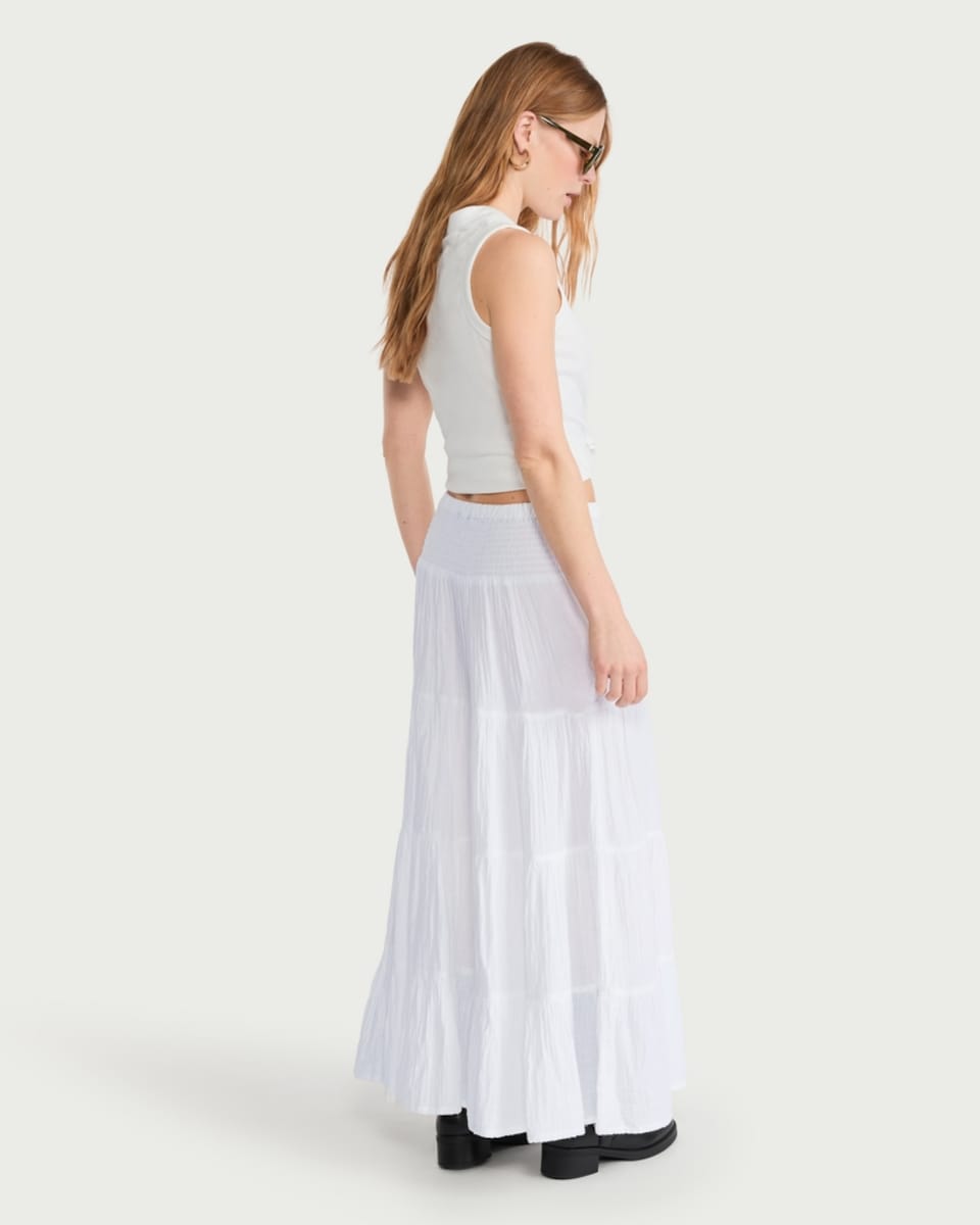 image 1 of F&F Pure Cotton Double Cloth Tiered Maxi Skirt in White