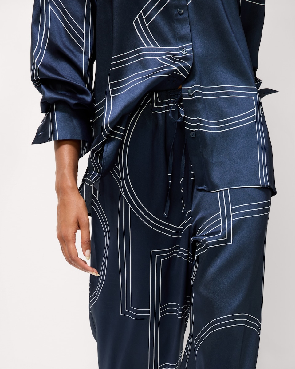 image 1 of F&F Satin Geometric Print Co-ord Trousers in Navy