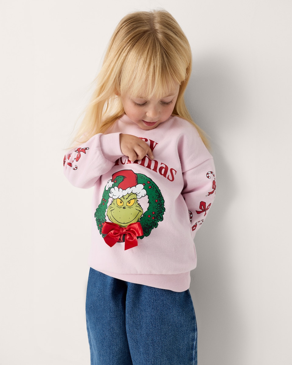 image 1 of Grinch Cotton Rich Christmas Print Sweatshirt in Pink