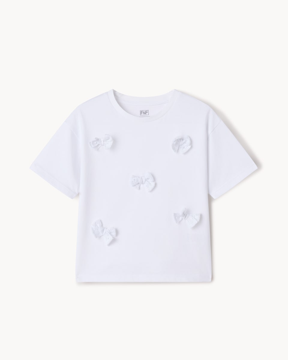 image 1 of F&F Girls Pure Cotton Bow Appliqué T-Shirt in Cream