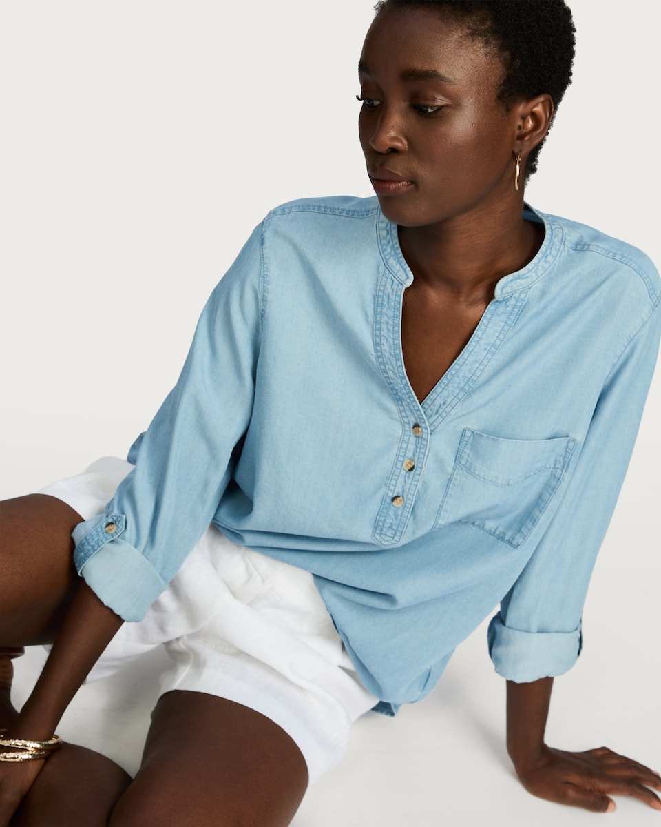 image 1 of F&F TENCEL™ Button Detail Roll Sleeved Blouse in Blue