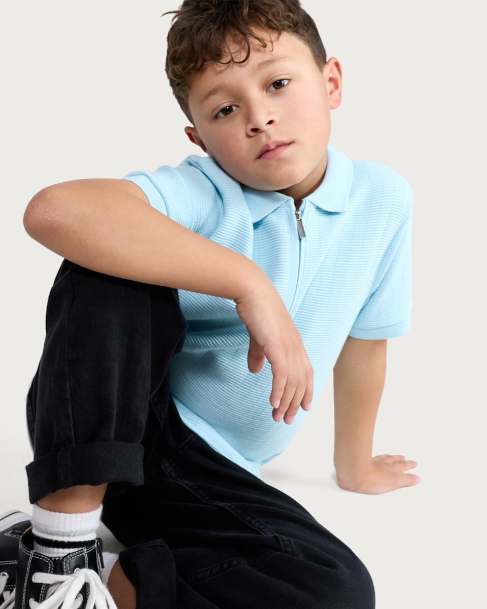image 1 of F&F Boys Cotton Rich Textured Zip Neck Polo Shirt in Blue