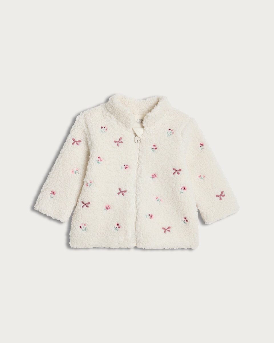 image 1 of F&F Baby Borg Embroidered Zip Through Jacket in Cream