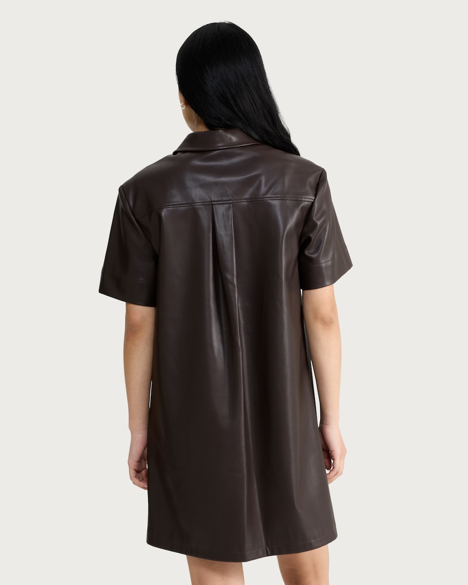image 1 of F&F Faux Leather Short Sleeved Shirt Dress in Brown