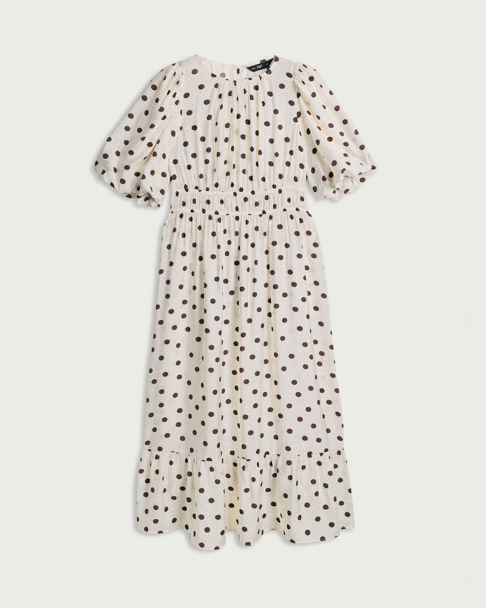 image 1 of F&F Shirred Polka Dot Midi Dress in Cream