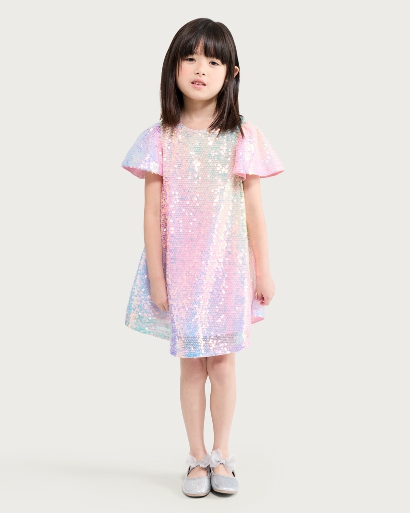 F&F Girls Rainbow Sequin Embellished Short Sleeved Dress in Multi