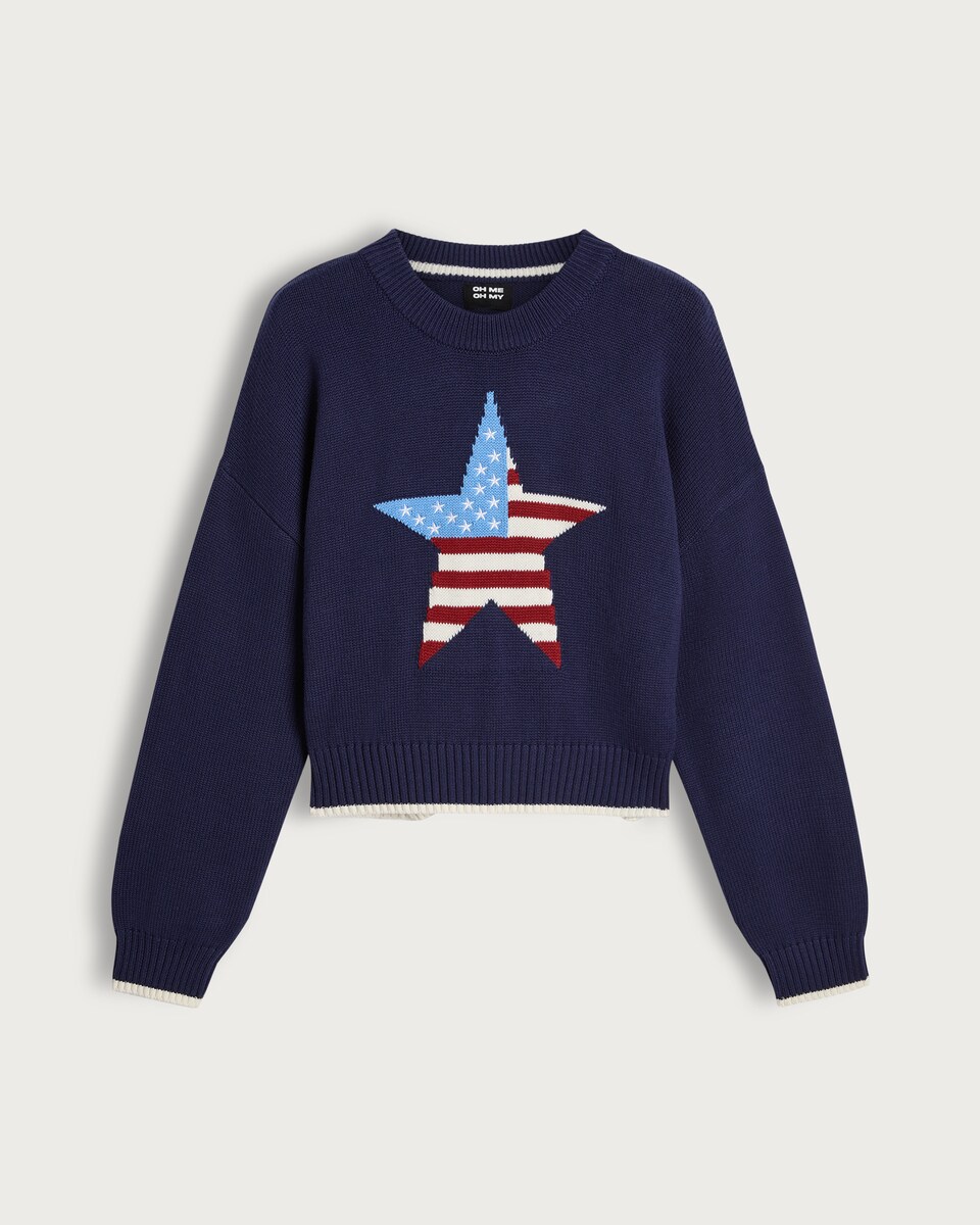 image 1 of OH ME OH MY Cotton Rich Flag Star Print Jumper in Navy