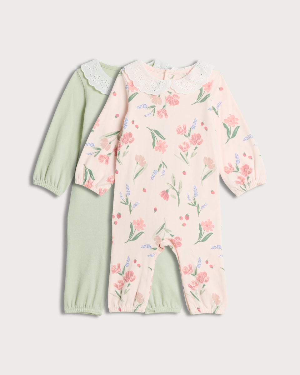 image 1 of F&F Baby 2-Pack Pure Cotton Peter Pan Collar Sleepsuits in Pink