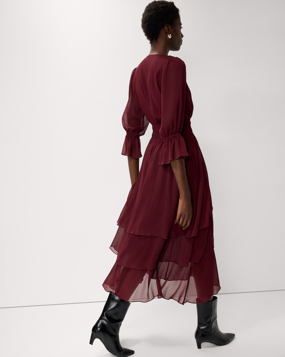 image 1 of F&F Chiffon Tiered Midi Dress in Burgundy