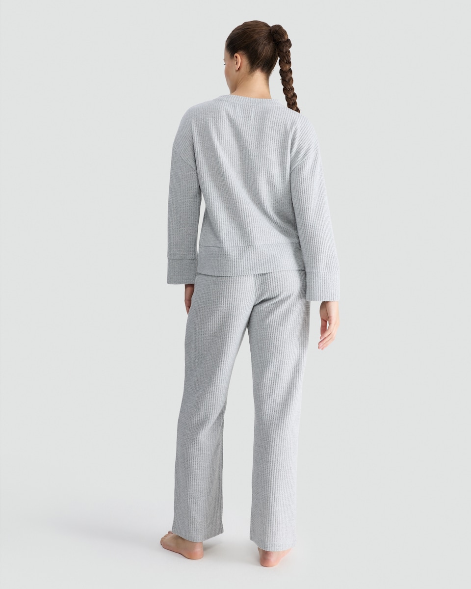 image 1 of F&F Waffle Textured Sweatshirt and Wide Leg Trousers Lounge Set in Grey